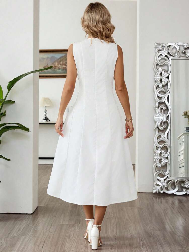 Women's Casual Solid Color Sleeveless Waist Cinched Mid-Length Dress, Summer Summer Dresses For Women Summer Outfits For Women Elegant Dresses For Women Elegant Dresses For Ladies  Work Outfits For Women Office Outfits For Women White Dress