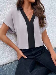 EMERY ROSE Women's V-Neck Color Block Casual Versatile Daily Wear Shirt - Grey - View 4