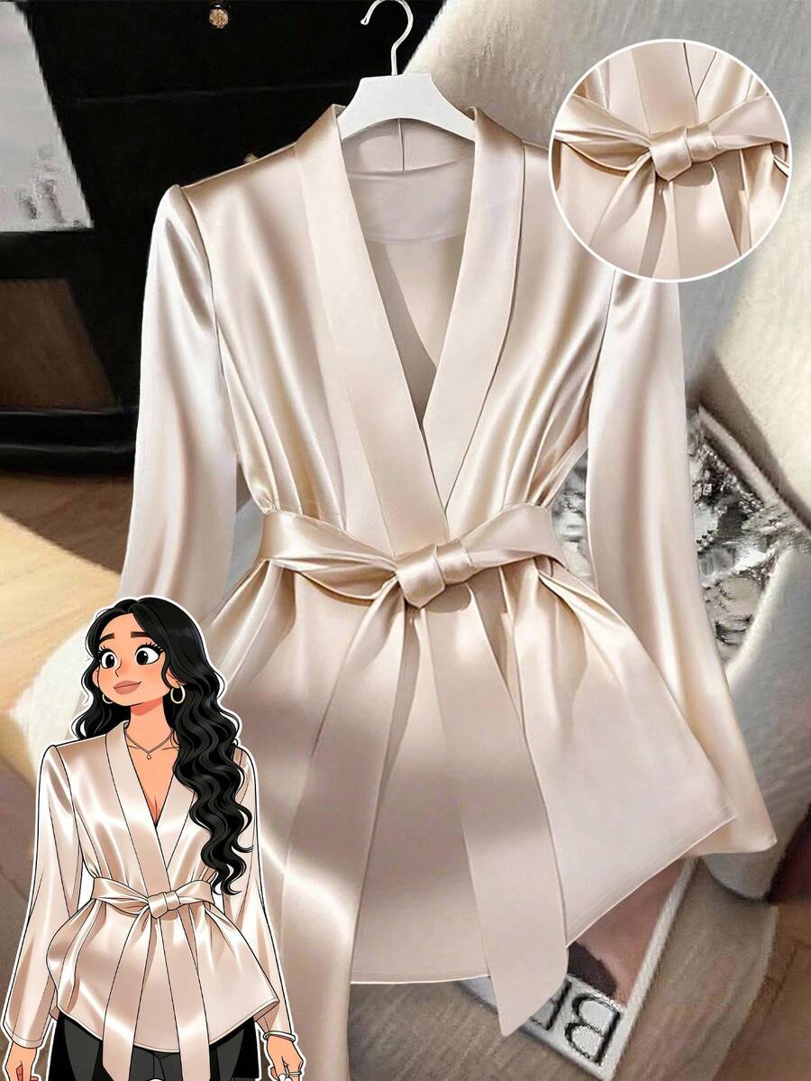 GlowEve CURVE Áo cánh thanh lịch tay dài cổ tròn thắt nút màu trơn cỡ lớn cho nữ - Màu be - Xem 1
