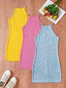 Tween Girl Solid Ribbed Casual Halter Dress - Multicolor - View 2