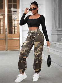 Slaydiva Plus Size Women Camouflage Cargo Pocket Casual Jeans Date Night Green Summer - Multicolor - View 3