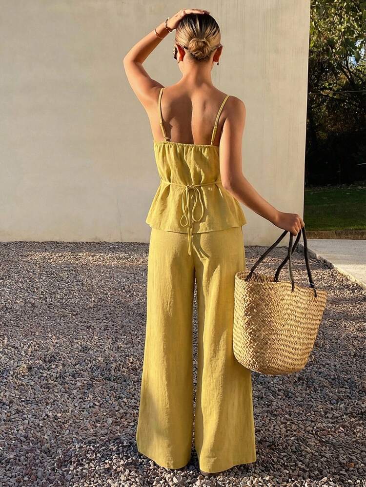 Women's Vacation Solid Color Ruffle Hem Camisole And Pants 2 Pieces Set