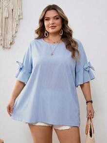SHEIN CURVE+ Curve Size US22Music Festival, Seaside Vacation, Bohemia Women's Bow Decor Round Neck Fuchsia Shirt - Blue - View 7