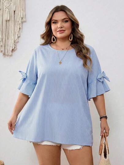 SHEIN CURVE+ Camisa de cuello redondo con lazo decorativo en color fucsia para mujer de talla grande, estilo bohemio, para festival de música o vacaciones en la playa, verano