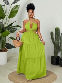 Maweii Plus Size Women Neon Green Hollow Out Sexy Halter Vacation Dress - Olive Green - View 3