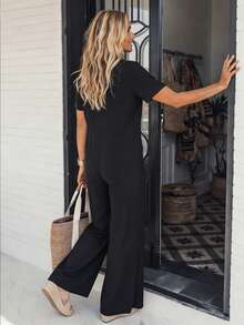 LanaWest Bộ jumpsuit nữ mùa hè màu đen cổ chữ V tay ngắn, ống lửng, túi hộp, dáng rộng, thiết kế tối giản kiểu phương Tây, thích hợp cho kỳ nghỉ. - màu đen - Xem 2