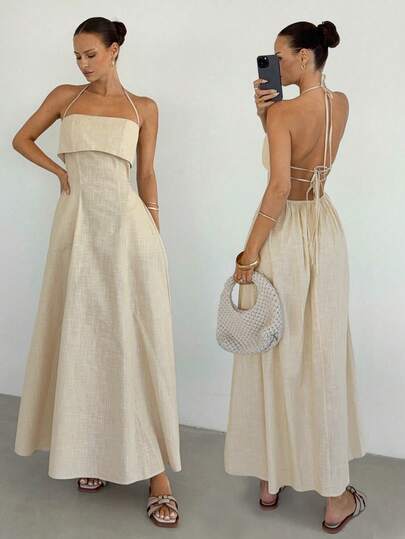 Siren Gaze Women's Solid Color Halter Backless Casual Dress
