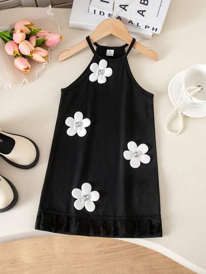 SHEIN Genkimix Kids 女童流苏装饰3D立体花卉针织连衣裙，适合户外海滩度假和夏季穿着