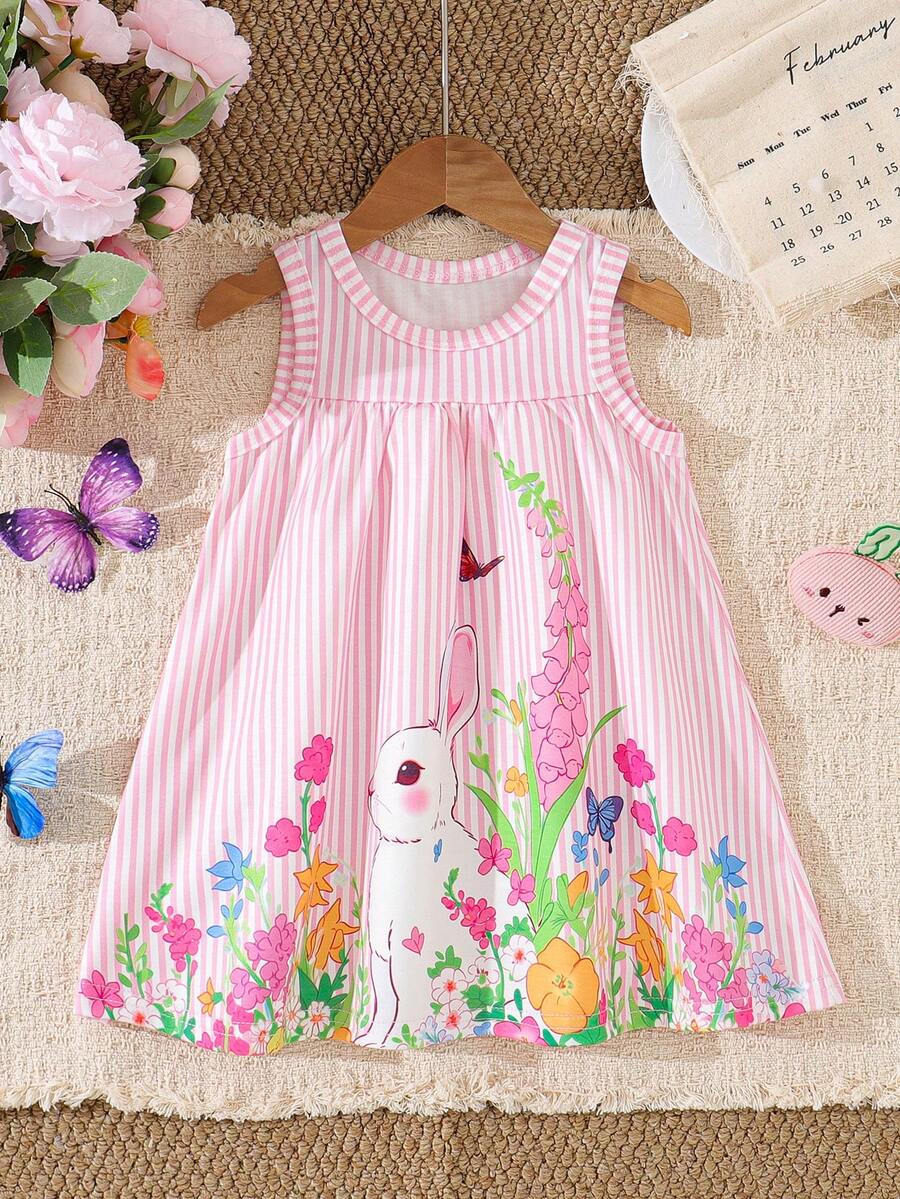 SHEIN Playful Pals Baby Girls' Cute Rabbit Element Sleeveless Dress, Fashion New Arrival Spring/Summer