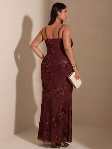 SHEIN BAE Plus Size Women Vintage Elegant Sexy Embroidered Mesh Dress, Autumn/Winter - Burgundy - View 2
