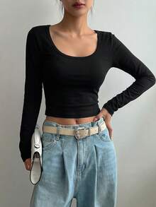 DAZY 女士优雅修身基本款长袖圆领纯棉T恤，春夏款 - 黑色 - 查看 4