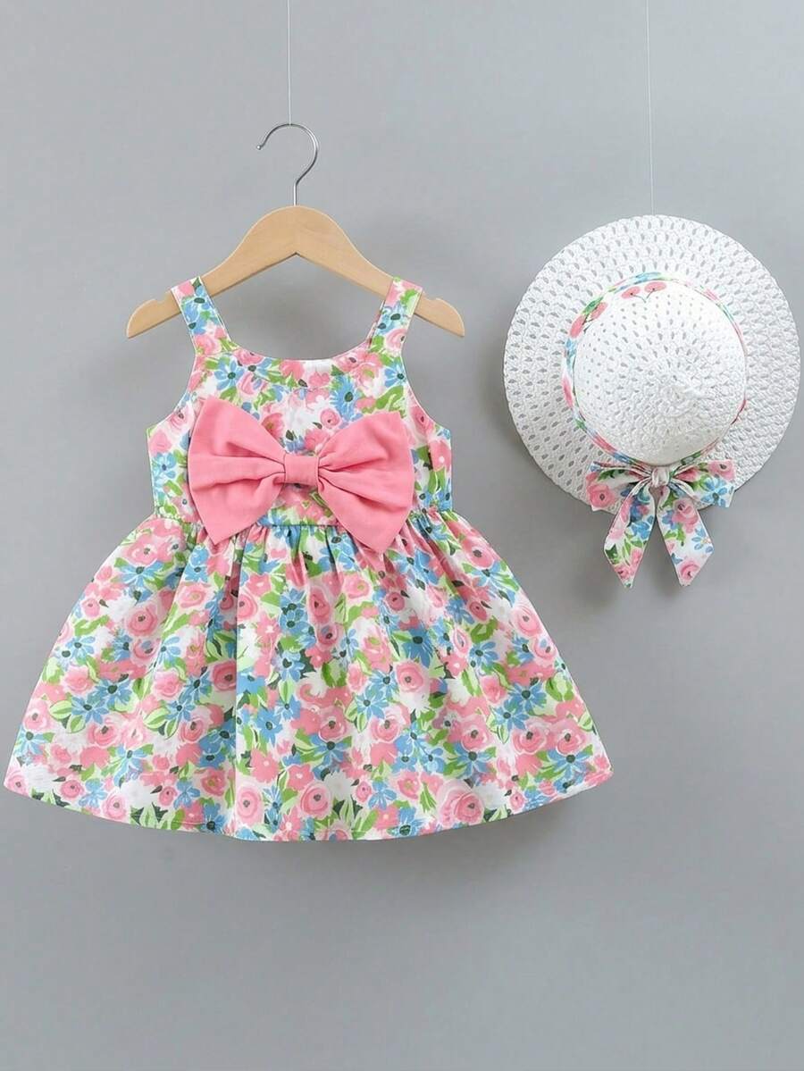 SHEIN 女婴花朵蝴蝶结无袖连衣裙，夏季度假 - 粉色 - 查看 1