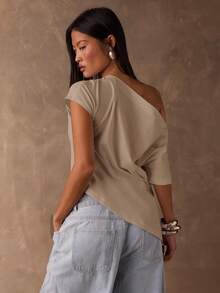 SHEIN BAE Women's Solid Color Asymmetrical Shoulder Side Slit Hem Casual T-Shirt,Summer Top - Khaki - View 2