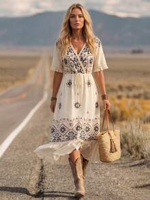 LanaWest Women's Summer Boho Holiday Vacation Black And Cream V-Neck Digital Placement Print Cuff Splice Tassel Floral Layered Ruffle Hem Western Casual Dress - Apricot - View 7