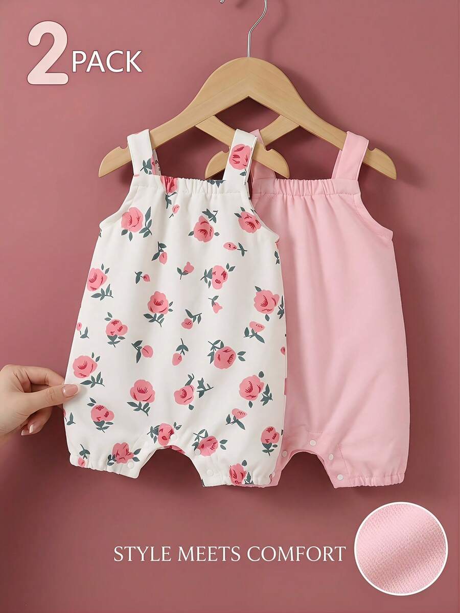 SHEIN 两件套女婴服装套装,时尚少女复古植物花卉玫瑰印花纯粉色无袖吊带连体衣,柔软舒适,适合夏季春季海滩派对、度假野餐等场合,是0-12个月女婴的理想之选。 - 粉色 - 查看 1