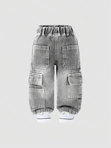 SHEIN Quần cargo thường ngày cho bé trai sơ sinh/trẻ nhỏ, màu xám, cạp chun, nhiều túi, dáng rộng thoải mái, chất liệu denim cotton mềm mại, đa năng cho mặc hàng ngày, đi học, dự tiệc, hàng mới về, phù hợp mọi mùa. - Màu Xám nhạt - Xem 5