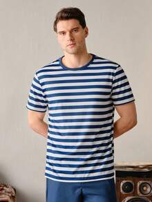 VeloEdit Navy Blue Color Men's Striped Print Round Neck Short Sleeve Casual T-Shirt Old Money, With Contrast Binding, Partywear & Boyfriend Summer - Navy Blue - View 7