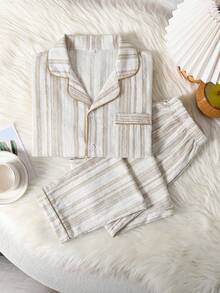 SHEIN Tween Boy Casual Comfortable Striped Collar Short Sleeve Shirt And Soft Comfortable Skin-Friendly Pants 2 Pieces Pajama Set - White - View 4