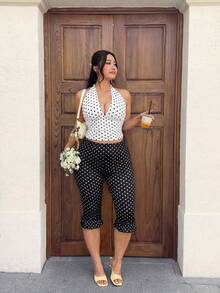 Muchica Quần legging lửng dáng rộng in chấm bi dành cho nữ cỡ lớn, cạp chun co giãn, kiểu dáng thường ngày. - màu đen - Xem 4