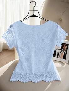 GlowEve Women's V-Neck Lace Trim Blouse - Baby Blue - View 2