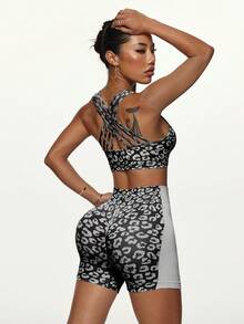 Slayform Women Leopard Print Camisole And Shorts Sports Set - Black - View 4