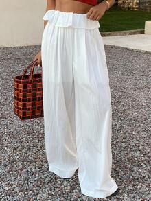 Livesso Women's Solid Color Waist Ruffle Hem Wide Leg Pants - White - View 3