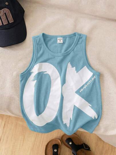 SHEIN 1pc Boys' Casual Loose Solid Color English Graphic Sleeveless Tank Top, Suitable For Daily Wear, School, Outings, Sports, Spring/Summer
