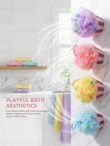 Zazumi 1Pc/4Pcs Bath Ball For Bathing, Scrubbing, Foaming, Home Bathroom Washing, Cute Cartoon Girl Style, Soft And Durable, Not Easy To Fall Apart, Popular Rainbow-Shaped Bubble Bath Sponge - Multicolor - View 3