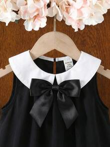 SHEIN Vestido Solto com Gola Peter Pan Azul Marinho Estilo Preppy Fofo para Meninas Bebê - Preto - Visão 7