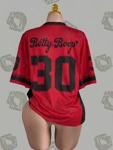 Betty Boop x SHEIN 大码女式V领卡通字母印花休闲百搭日常短袖T恤 - 紅色 - 查看 2