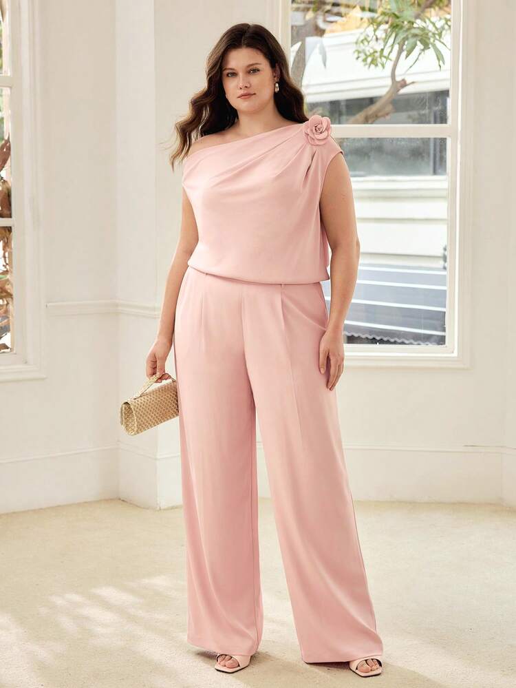 PLUS SIZE WOMEN SPRING/SUMMER STEREO FLORAL ASYMMETRICAL SHOULDER TOP AND PANTS SET