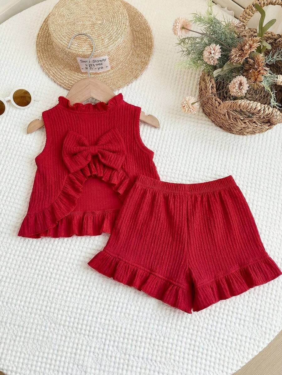 Young Girl Summer Casual Minimalist Bow Decor Ruffle Hem Tank Top And Shorts Set - Red - View 1