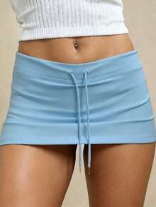 Rina Fox Women's Drawstring Low Waist Basic Skirt - Blue - View 5