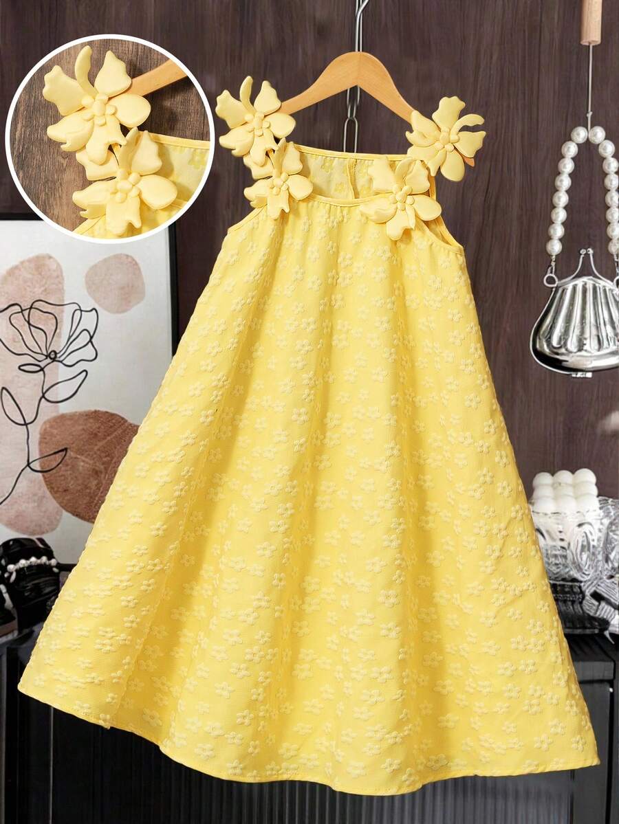 SHEIN 一件手工3D立体花卉吊带连衣裙，黄色，适合日常穿着或参加派对，适合女孩，春夏、度假、户外活动。 - 黃色 - 查看 1