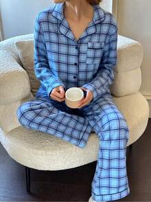 Napfluff Grün & Schwarz karierter Damen Lässig Langarm Pyjama Set mit Kragen - Blau - Übersicht 1