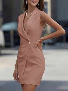 EMERY ROSE Sleeveless Collared Cross-Front Single-Breasted Fitted Short Dress For Women - Dusty Pink - View 5