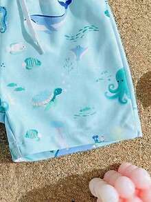 Toddler Boys' One-Piece Drawstring Waist Printed Swim Trunks With Various Ocean Creatures, Suitable For Beach, Holiday - Multicolor - View 5