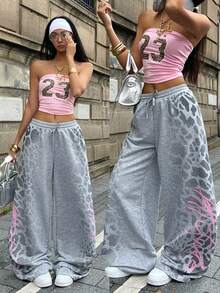 Coolane Quần nữ mùa xuân/hè phong cách đường phố, thích hợp đi học, kiểu dáng preppy, ấm áp, thoải mái, màu xám Pháp, cạp chun, gấu quần cong, họa tiết da báo. - Xám - Xem 2