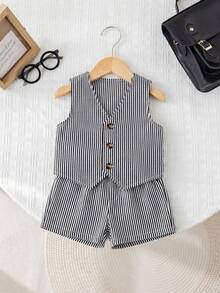Bộ quần áo lịch lãm cho bé trai: Áo vest một hàng cúc và quần short kẻ sọc. - Đen và trắng - Xem 4