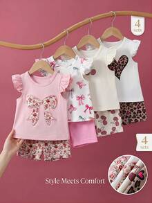 SHEIN Playful Pals 女嬰 4 套裝 粉紅色夏季 T恤短褲套裝 心形豹紋花卉 - 彩色 - 查看 1