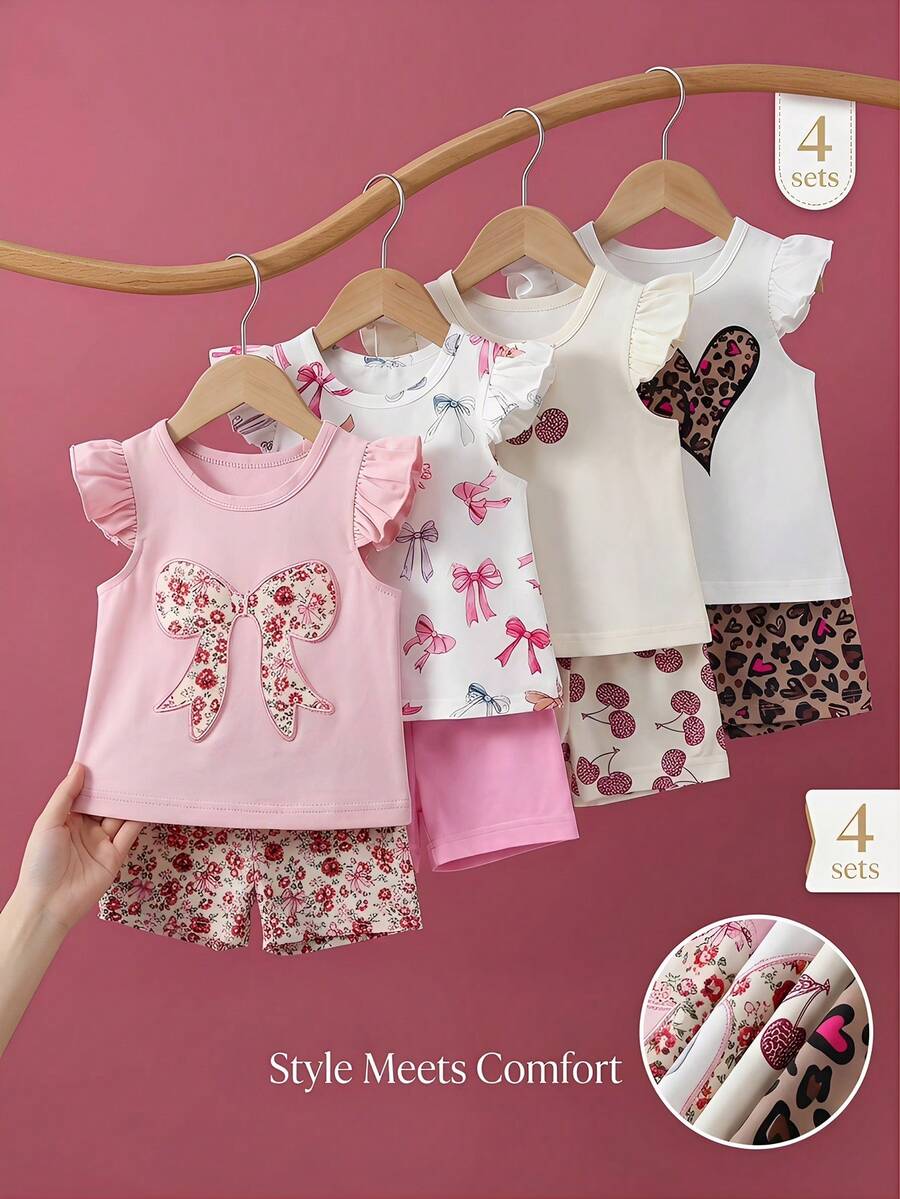 SHEIN Playful Pals 女嬰 4 套裝 粉紅色夏季 T恤短褲套裝 心形豹紋花卉 - 彩色 - 查看 1