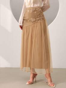 Graceveil High-Waisted Floral Patchwork A-Line Skirt - Brown - View 3