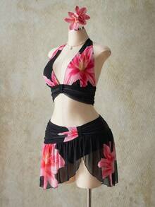 ICON Conjunto de top halter y minifalda con estampado floral para mujer de talla grande - Negro - Ver 5
