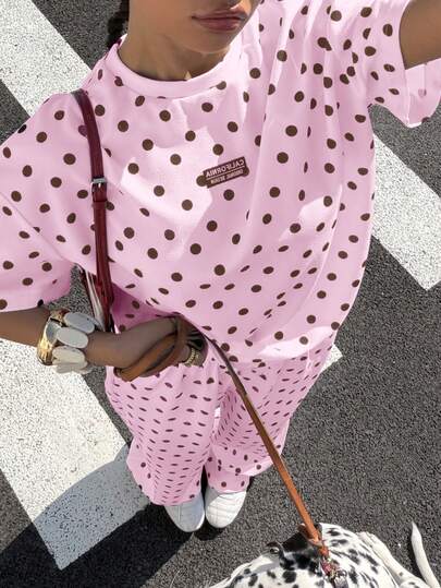 Muchica Plus Size Women Polka Dot Short Sleeve Top And Wide Leg Pants 2 Pieces Set, Casual Daily Wear