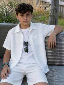 Teenager's New Summer Vacation Style Casual Shirt & Shorts Set, Fashion Versatile Minimalist Two Pieces - White - View 6
