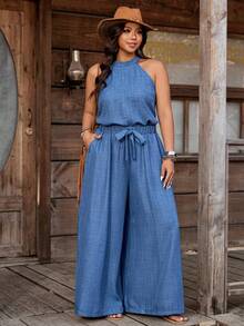 Nubod Plus Size Denim Effect Halter Top + Wide Leg Pants 2 Pieces Set - Blue - View 5
