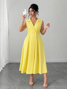 Elenzga Plus Size Women Elegant Casual Sleeveless Lapel Button Decor Maxi Dress - Yellow - View 4