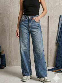 Jeans Para Mujer Wide Leg Tiro Medio Mezclilla Rigida 5 bolsas Petite DIRTY - Azul - Ver 4