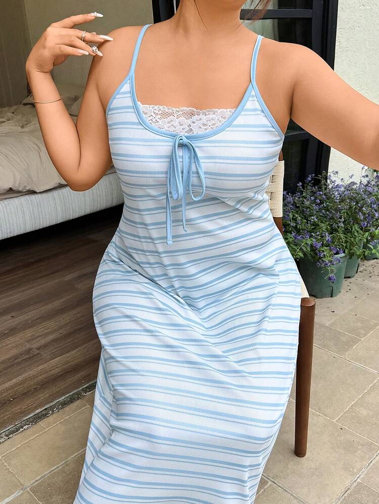 Napfluff CURVE Striped Print Contrast Trim 2 In 1 Design Fitted Plus Size Women Nightgown - Baby Blue - View 6