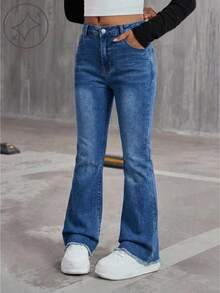 SHEIN Explorewe Quần jeans ống loe cạp cao kiểu retro màu xanh nhạt dành cho bé gái, thiết kế ôm sát với chun co giãn và gấu quần tua rua, phù hợp cho những buổi đi chơi thường ngày và hoạt động ngoài trời. - Rửa trung bình - Xem 3